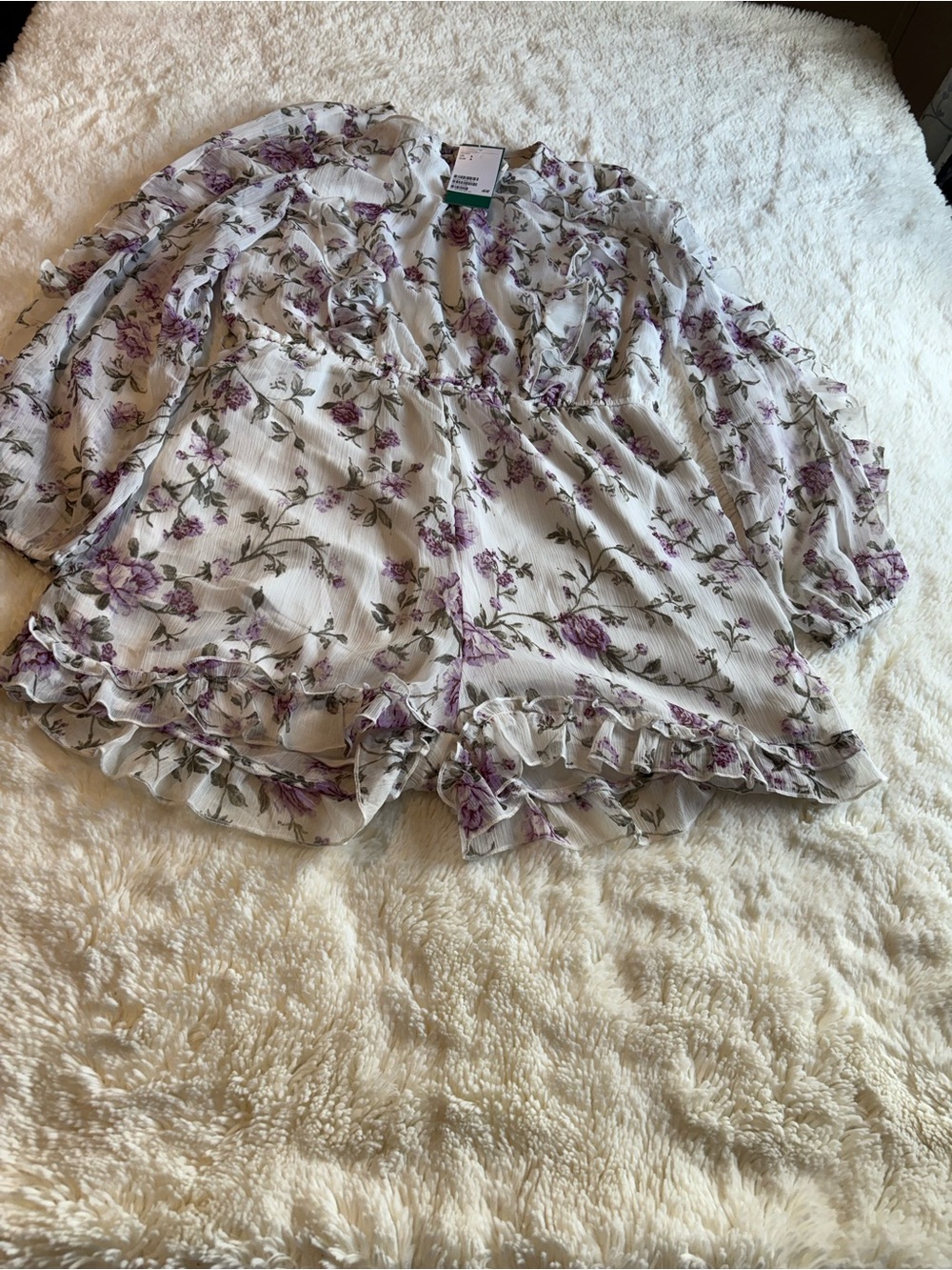 H&M White Floral Ruffled romper with Purple and Green Print
